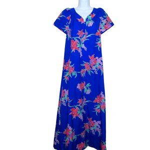 Vintage 70s Hilo Hatties Hawaiian Mumuu Maxi Dress XS Blue Tropical Floral Aloha